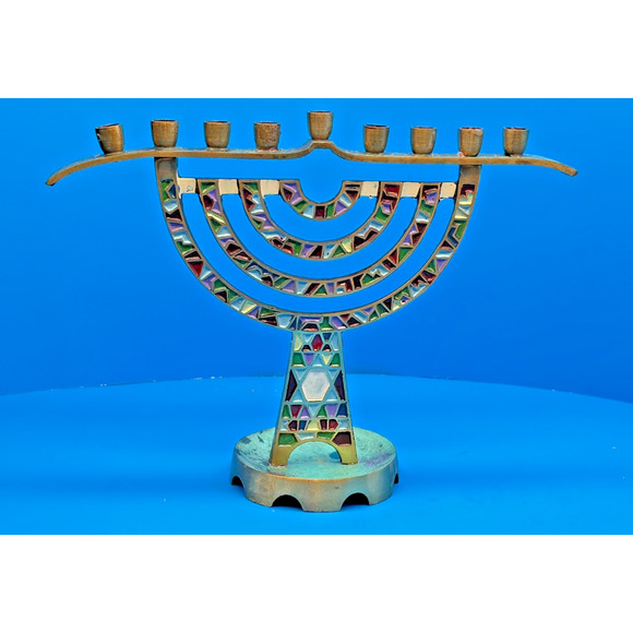 Hanukkah Menorah 9 Branch Brass Enamel Candle Holder 7" Tall Made in Israel - Picture 4 of 14